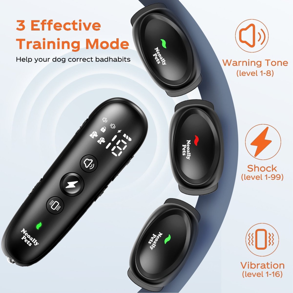 Three training mode remote collar with vibration and warning tone features shown