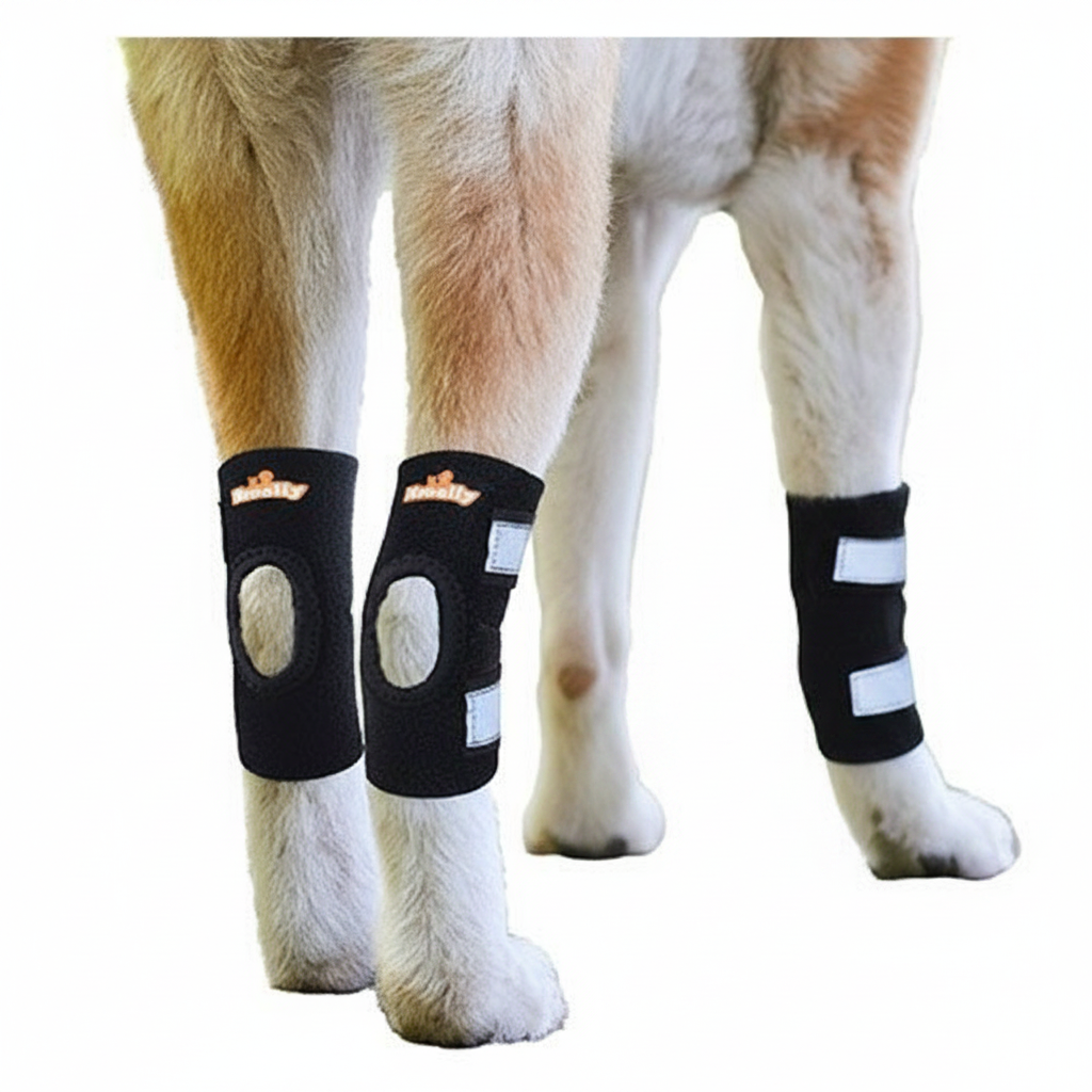 Dog rear leg hock brace set on small dog legs, black wraps with reflective straps
