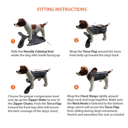 Fitting instructions diagram with four steps for putting on a recovery vest on a dog