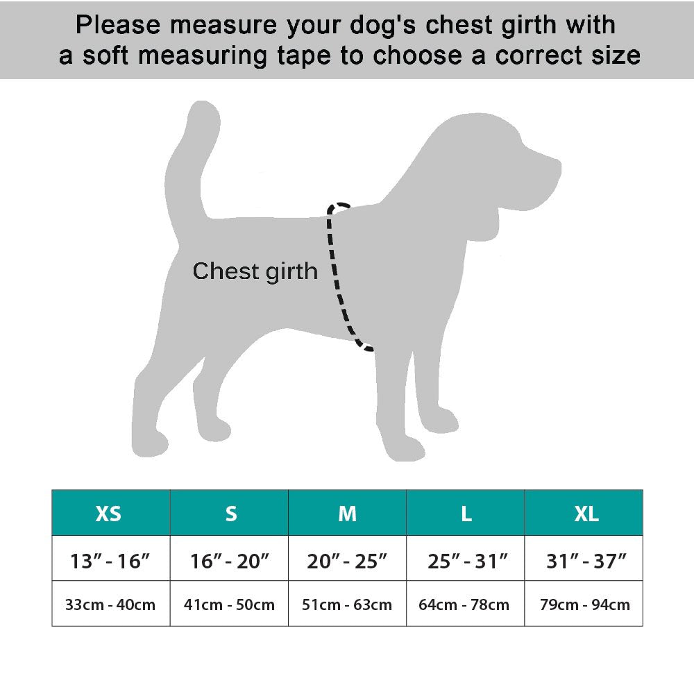 Size chart infographic showing chest girth measurement guide and XS to XL ranges