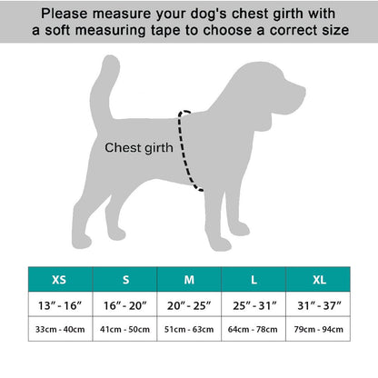 Size chart infographic showing chest girth measurement guide and XS to XL ranges