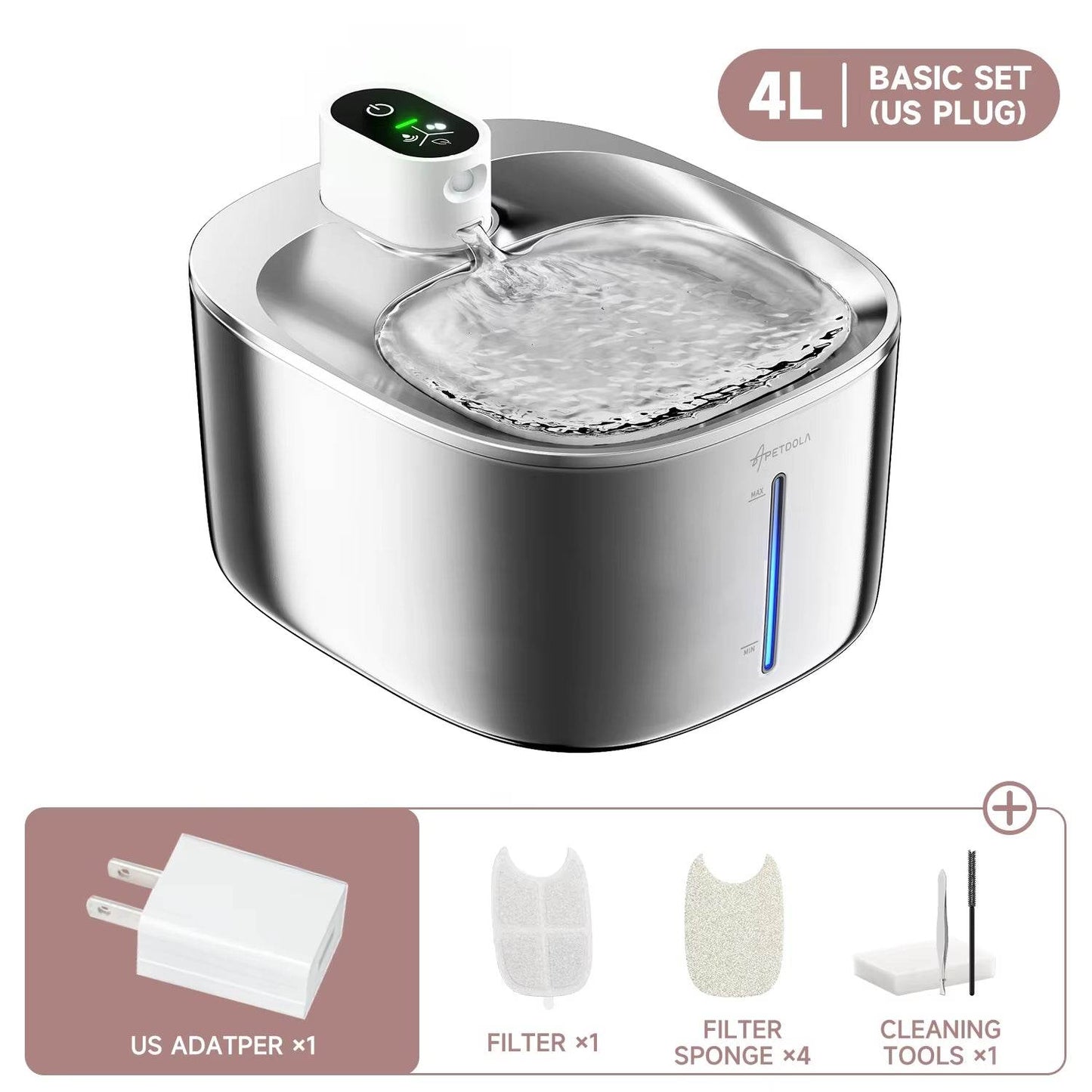 Stainless steel cordless pet water fountain with touch control and 4L tank