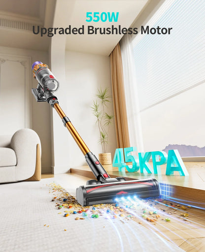 Cordless stick vacuum cleaner with motorized floor nozzle, orange and black pole
