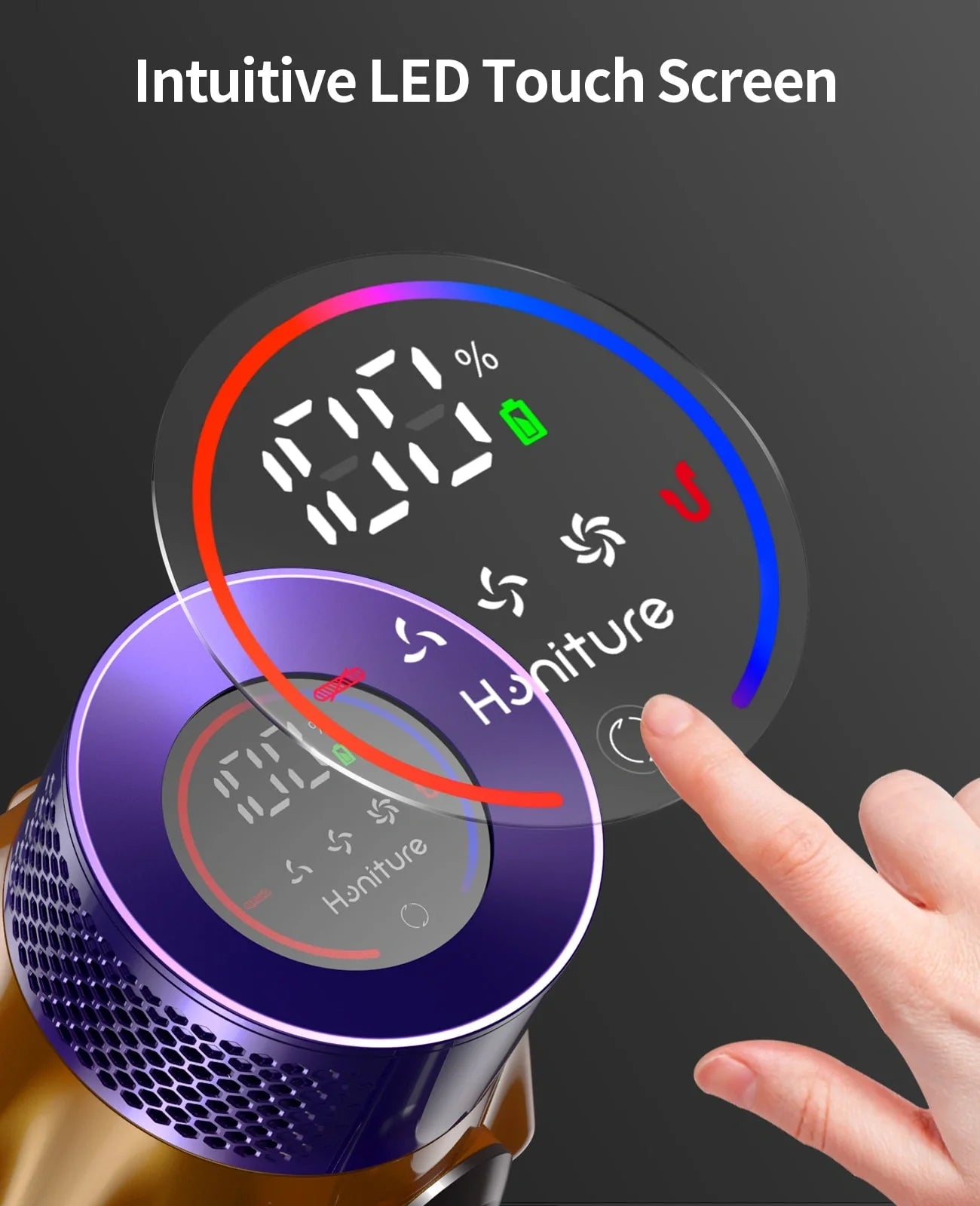 Pet vacuum cleaner with purple top housing and LED touch screen interface