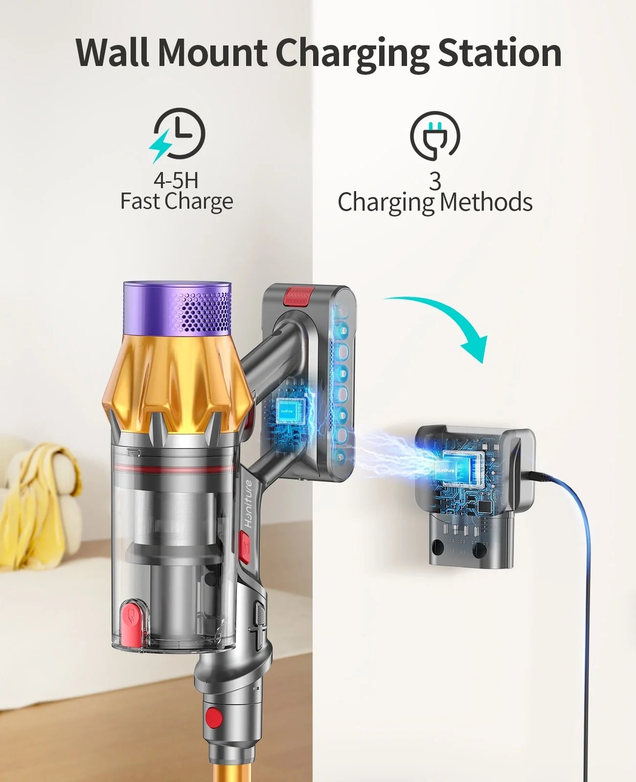 Wall-mount charging dock with docked pet vacuum canister and indicator lights
