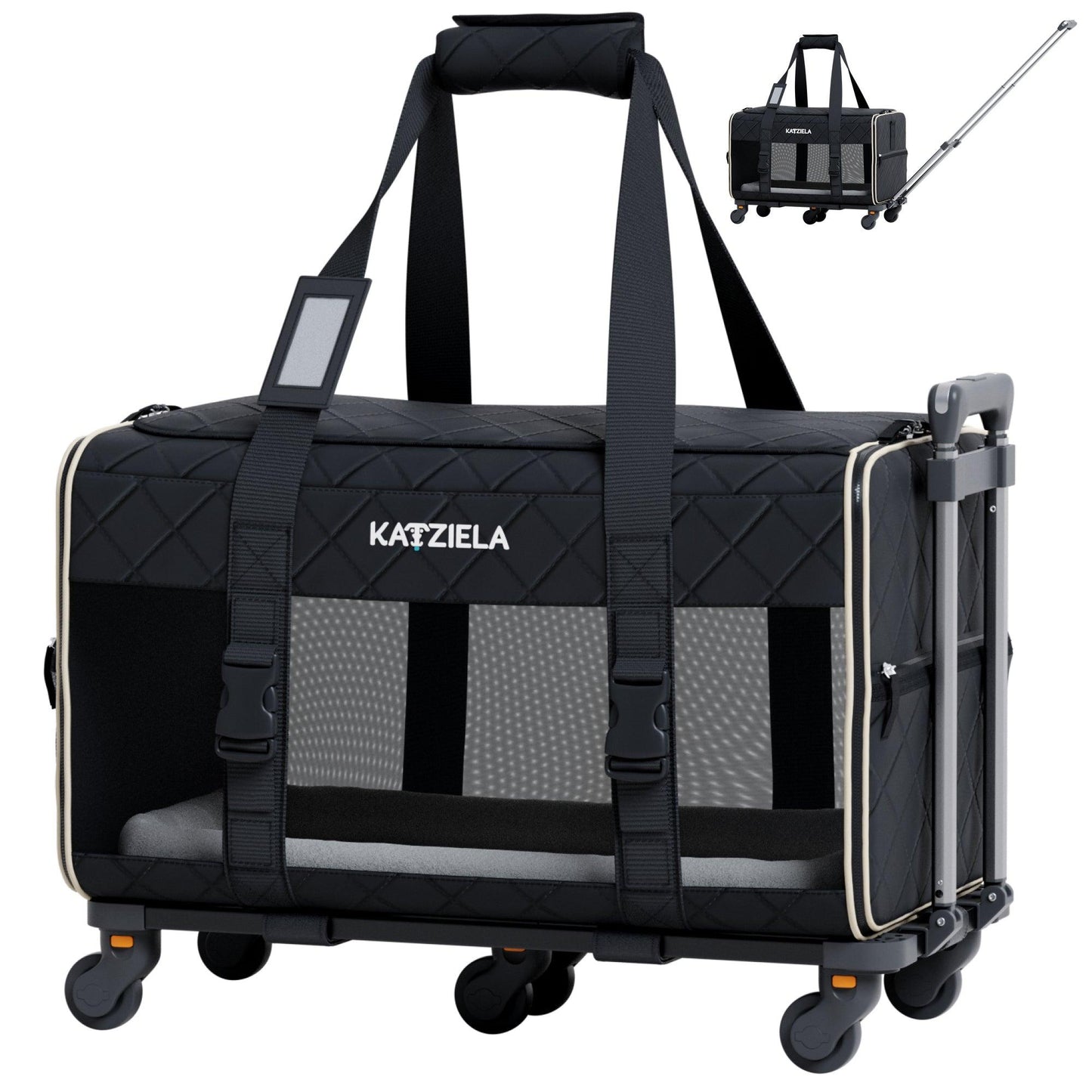 Quilted rolling pet carrier with telescopic handle, black quilted fabric and mesh panels.