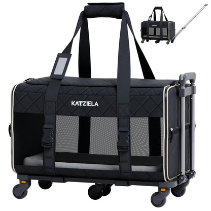 Quilted rolling pet carrier with telescopic handle, black quilted fabric and mesh panels.