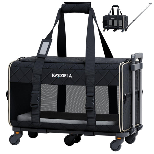Quilted rolling pet carrier with telescopic handle, black quilted fabric and mesh panels.
