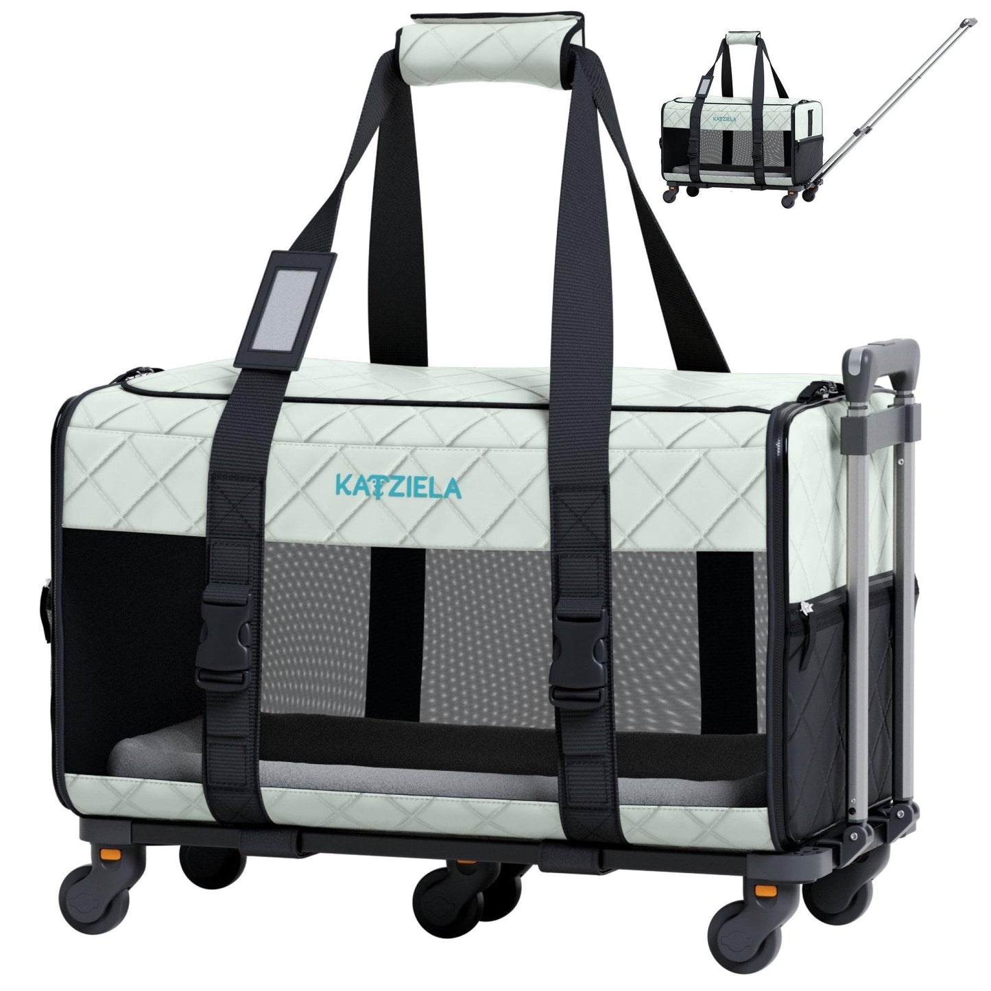 Quilted pet carrier with rolling wheels, black straps, and telescopic handle in light gray