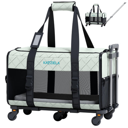 Quilted pet carrier with rolling wheels, black straps, and telescopic handle in light gray