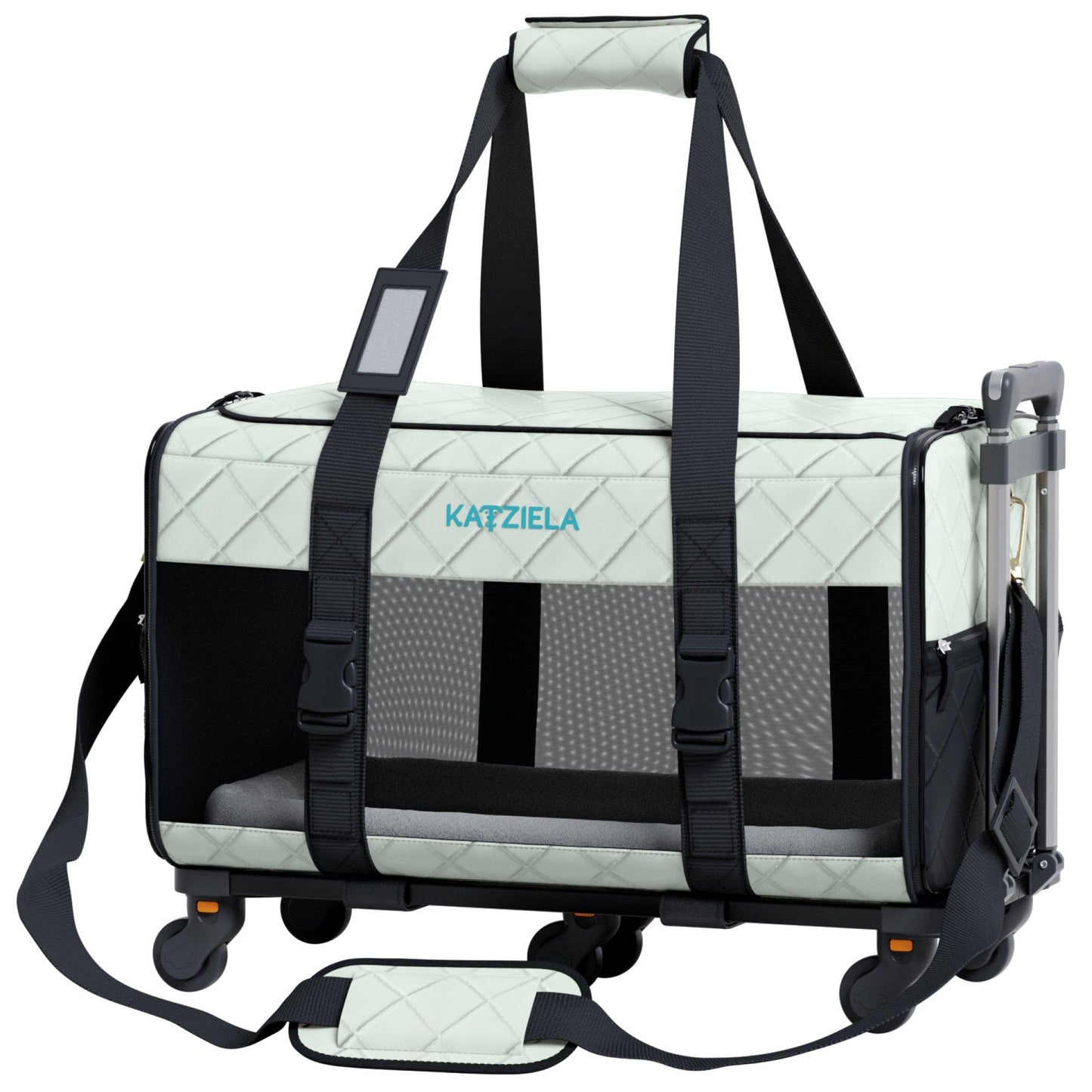 Light gray quilted pet carrier on rolling wheels with front mesh and black carry straps