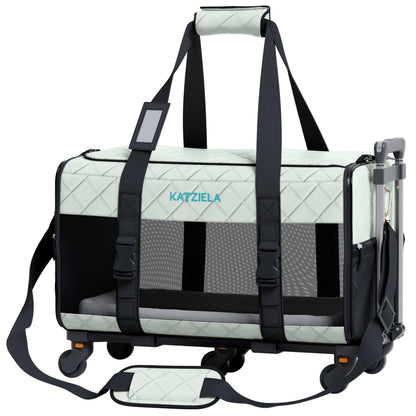 Light gray quilted pet carrier on rolling wheels with front mesh and black carry straps