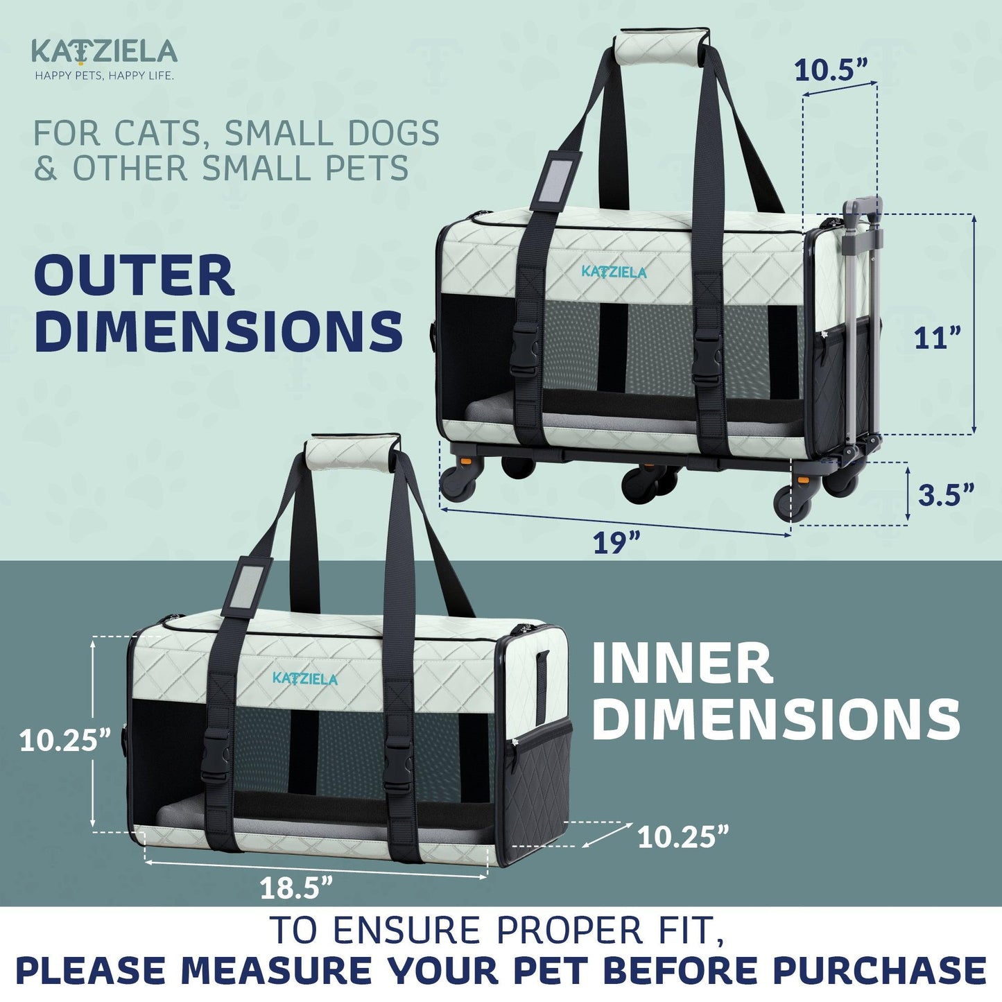 Quilted pet carrier with top handles, rolling base, and telescopic handle; light gray