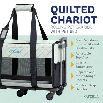 Quilted rolling pet carrier with mesh windows, zippered door, and telescopic handle