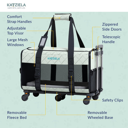 Light gray quilted pet carrier with zippered side door, large mesh windows, and handle