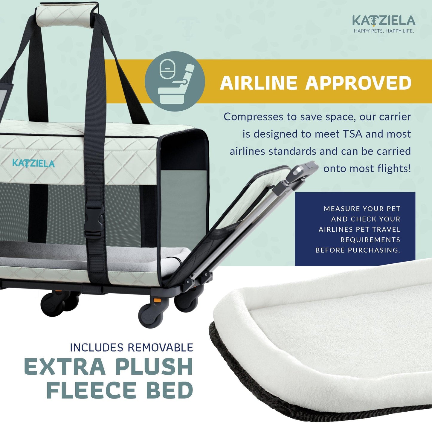 Quilted pet carrier with rolling wheels, telescopic handle, and extra plush removable bed