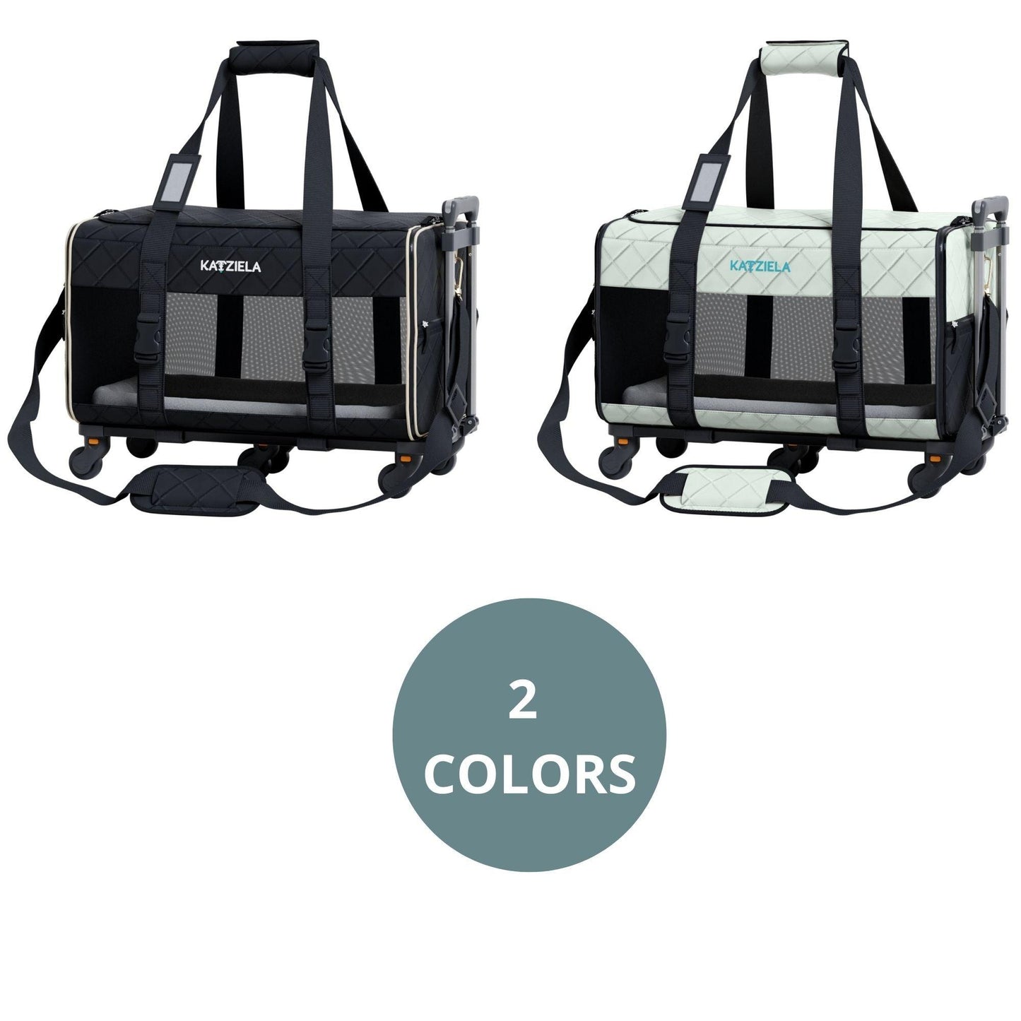 Two quilted rolling pet carriers: black and light gray with mesh windows and rolling wheels.