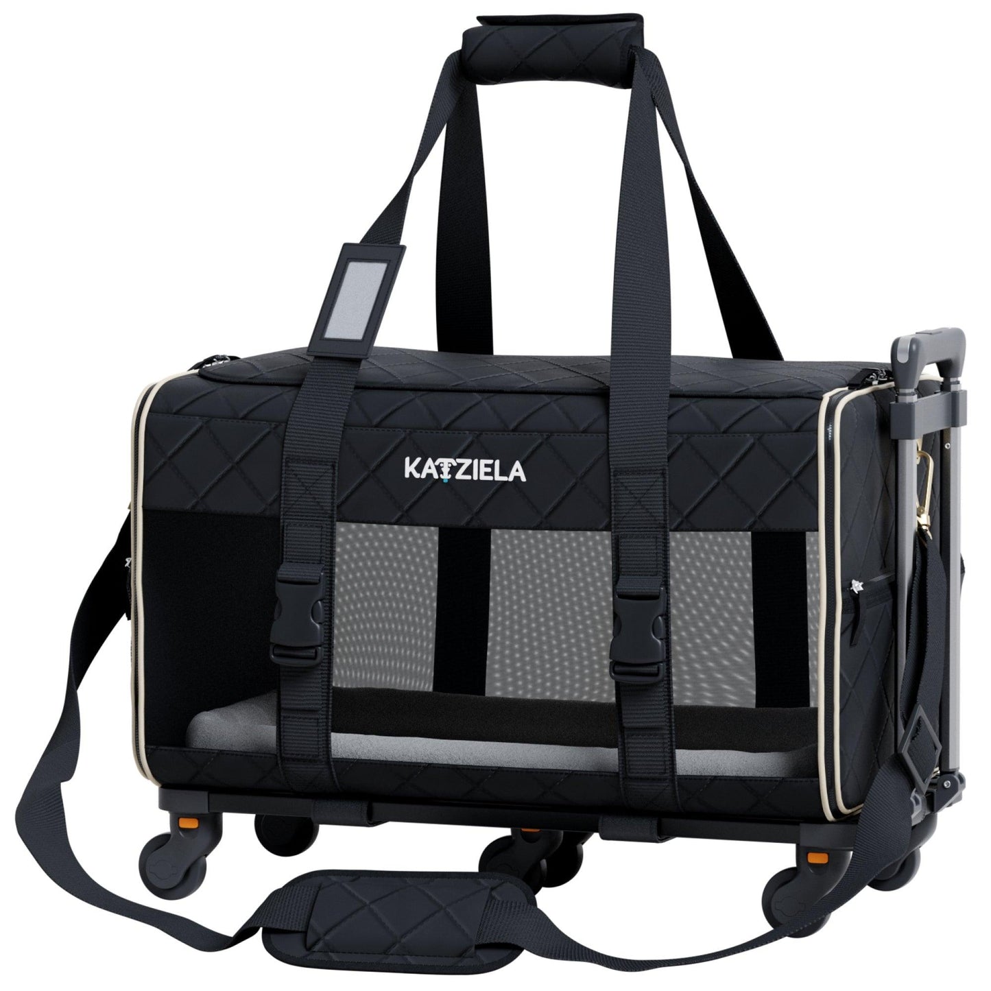 Quilted rolling pet carrier with telescopic handle and mesh window panels, black, side view.