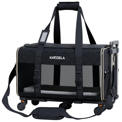 Quilted rolling pet carrier with telescopic handle and mesh window panels, black, side view.