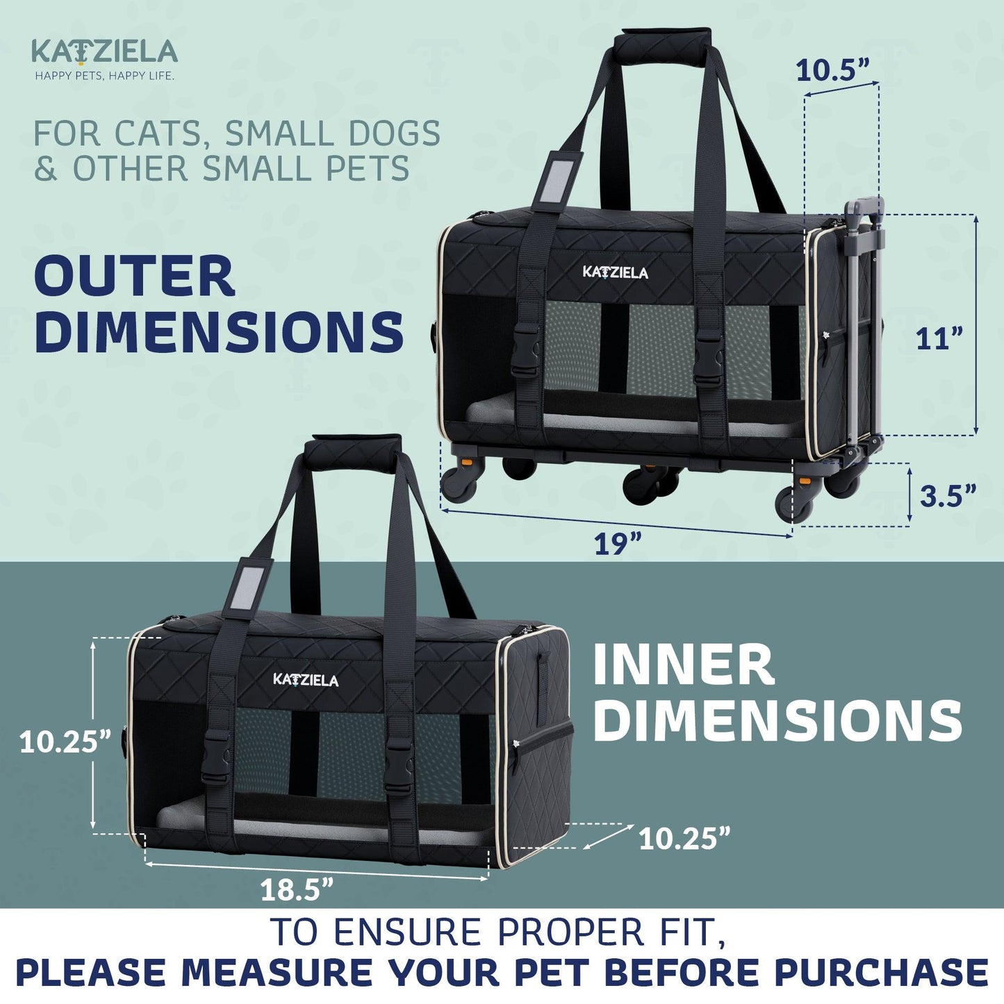 Quilted rolling pet carrier with telescopic handle and mesh window panels, black.