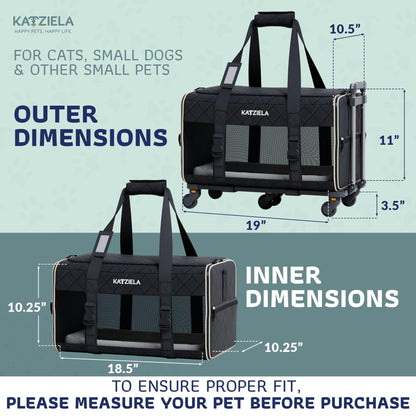 Quilted rolling pet carrier with telescopic handle and mesh window panels, black.