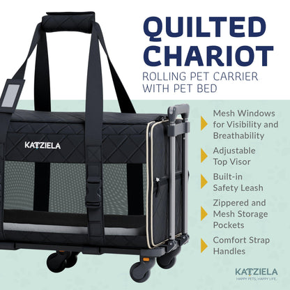 Quilted rolling pet carrier with pet bed, black fabric, mesh windows, telescopic handle.