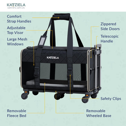 Quilted rolling pet carrier with removable wheel base and telescopic handle, black.