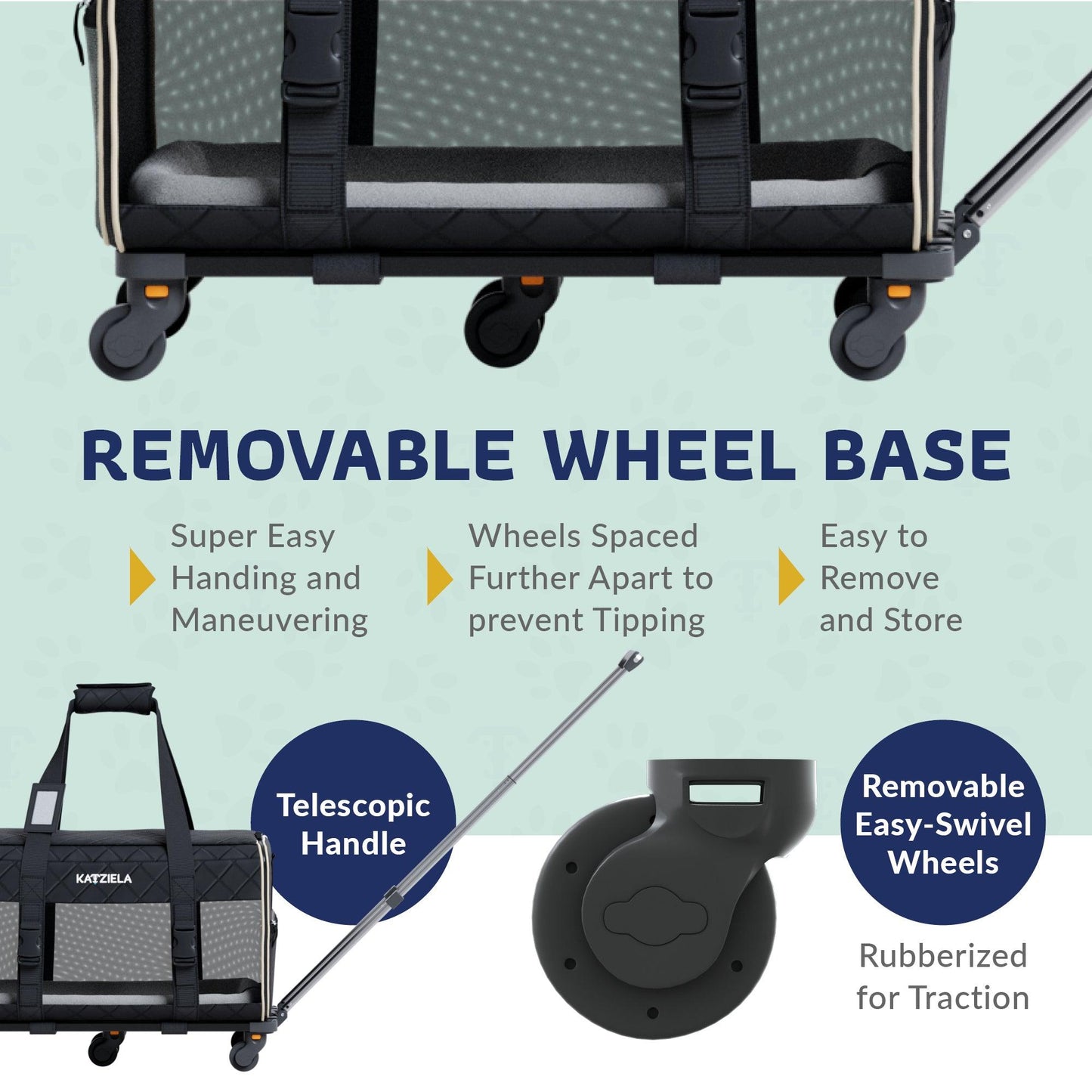 Removable wheel base and easy-swivel wheels on a black quilted pet carrier.