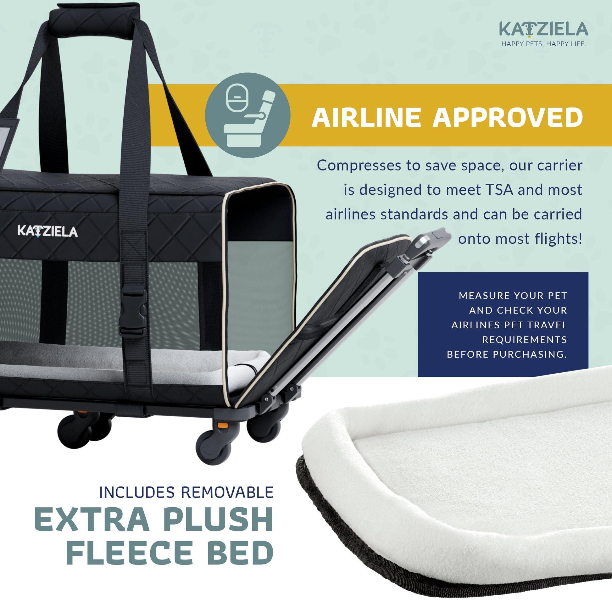 Quilted rolling pet carrier with telescopic handle and removable plush fleece bed, black.