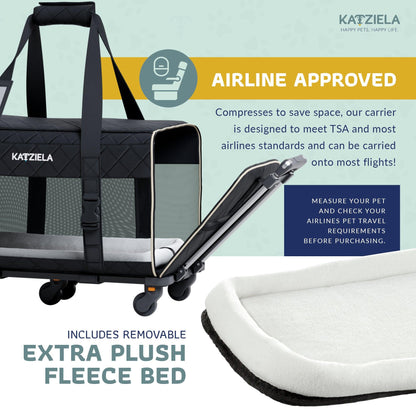 Quilted rolling pet carrier with telescopic handle and removable plush fleece bed, black.