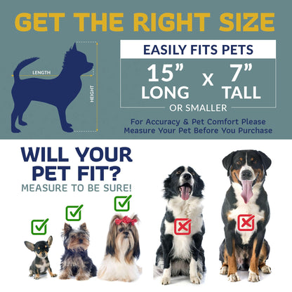 Quilted pet carrier size guide graphic with dog silhouettes and fit reminders.