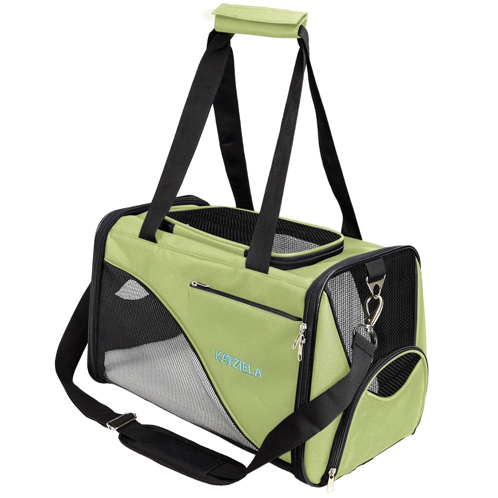 Olive green soft pet carrier with black shoulder straps and mesh side door