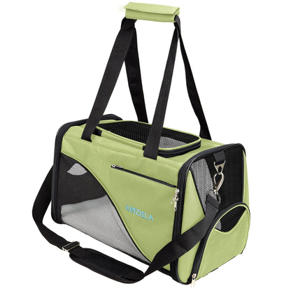 Olive green soft pet carrier with black shoulder straps and mesh side door