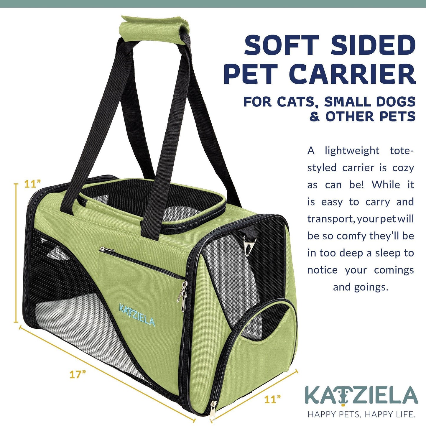 Olive green soft pet carrier with black handles and zippered mesh side panels