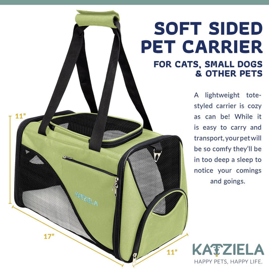 Olive green soft pet carrier with black handles and zippered mesh side panels