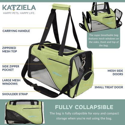 Olive green soft pet carrier with zippered top opening and side zipper pocket