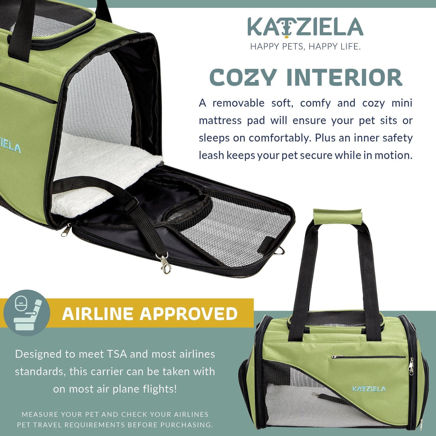 Olive green soft pet carrier with removable comfort pad inside and mesh window