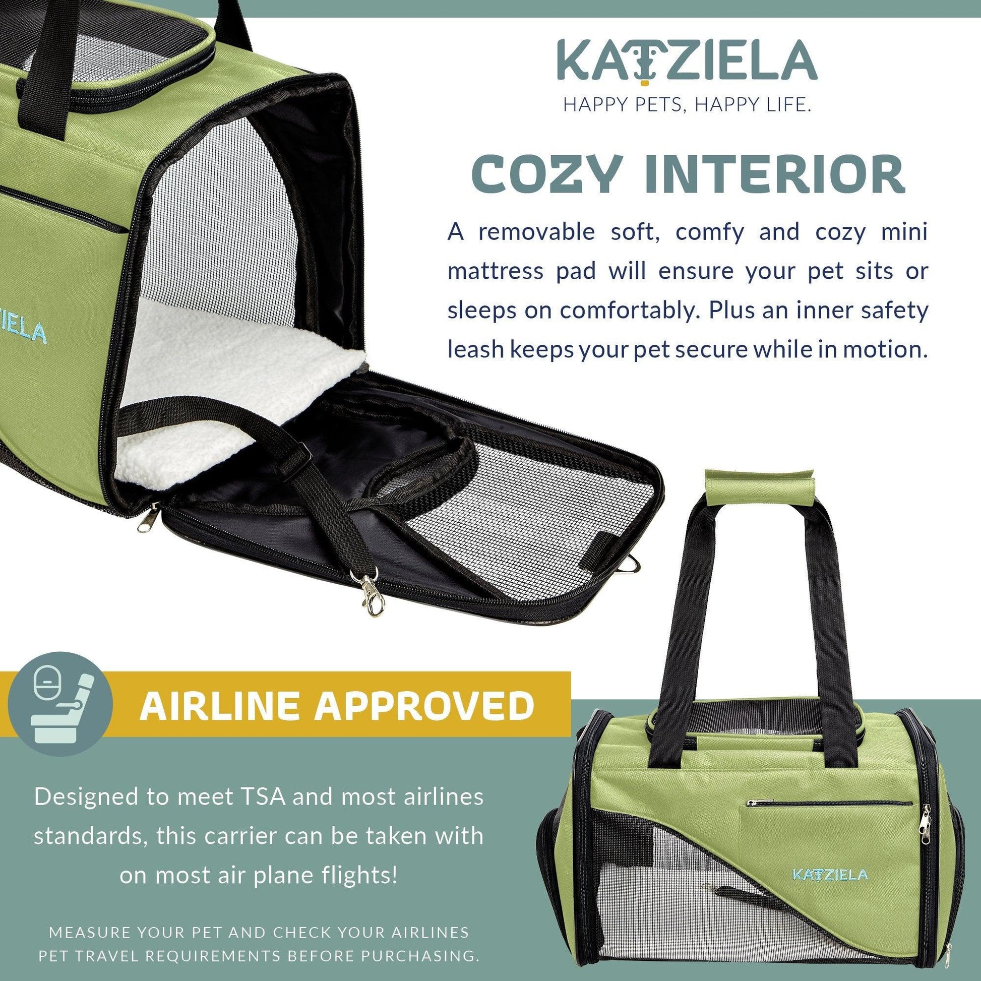 Olive green soft pet carrier with removable comfort pad inside and mesh window