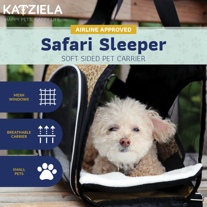 Olive green soft pet carrier with mesh panels and small dog resting inside