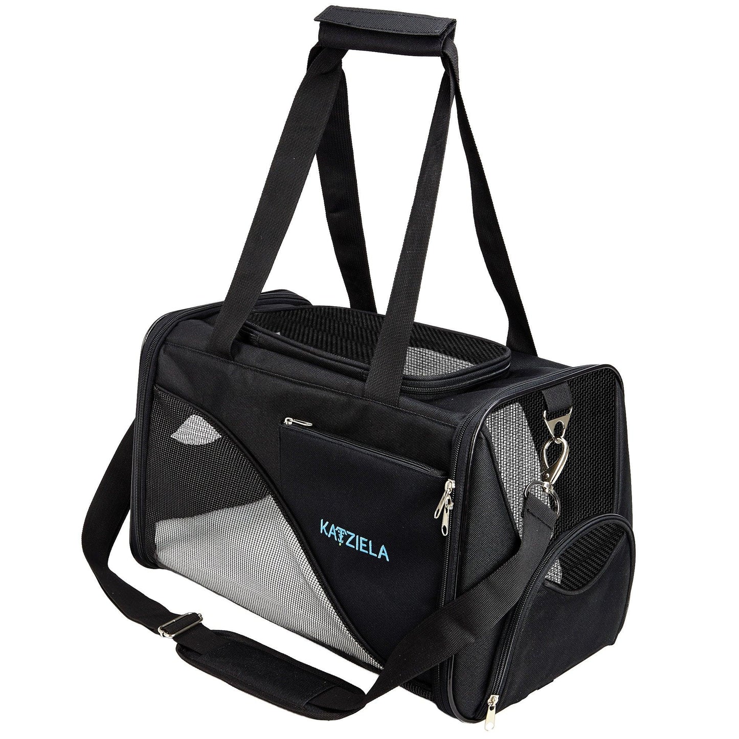 Black soft pet carrier with front mesh window, side door, and hanging key clip