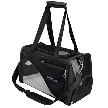 Black soft pet carrier with front mesh window, side door, and hanging key clip