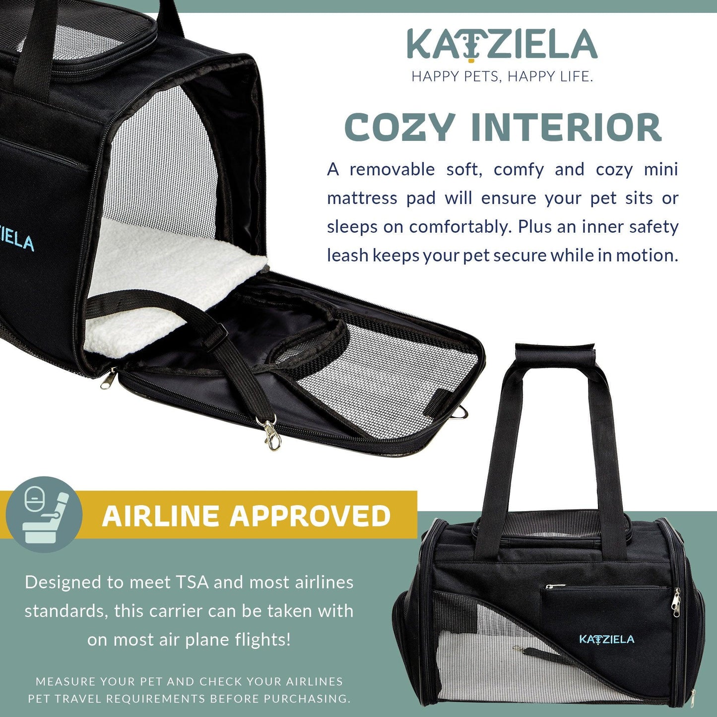 Black soft pet carrier with removable comfort pad and zippered mesh side opening