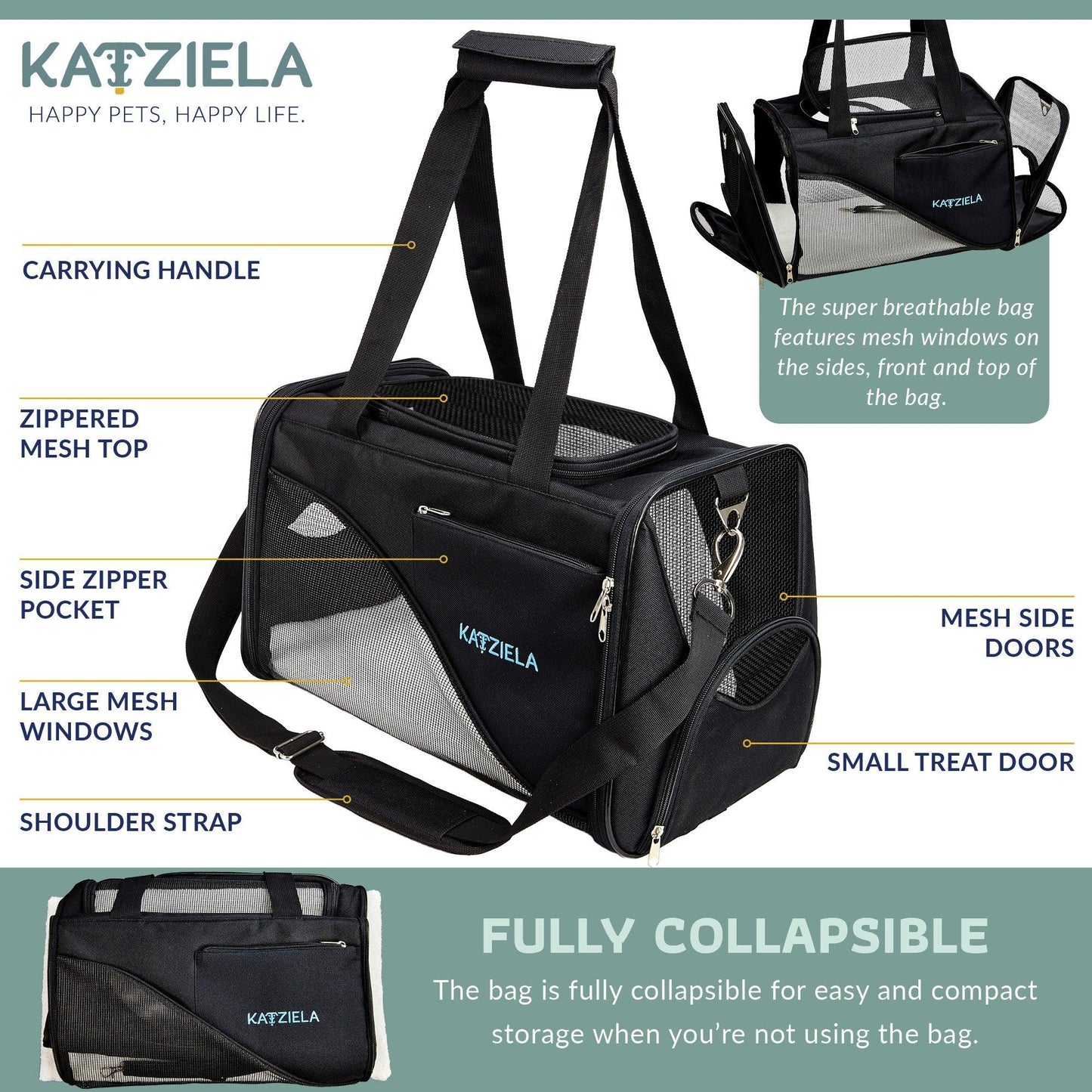Black soft pet carrier with top handle, side mesh doors, and zipper access