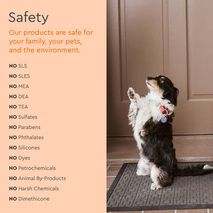 Safety information graphic with a small dog near a doorway and no-safety-claims list