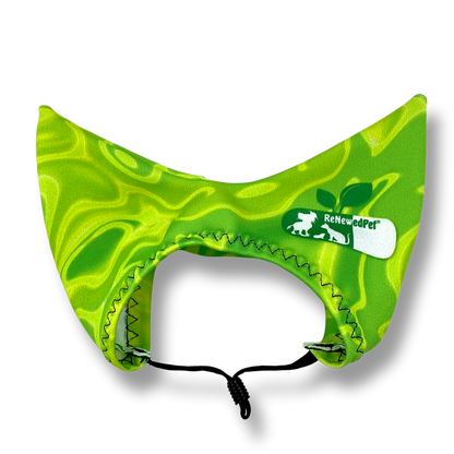 Lime green pet shower ear sun cap with wavy pattern and RenewedPet logo patch