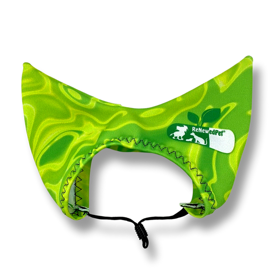 Lime green pet shower ear sun cap with wavy pattern and RenewedPet logo patch