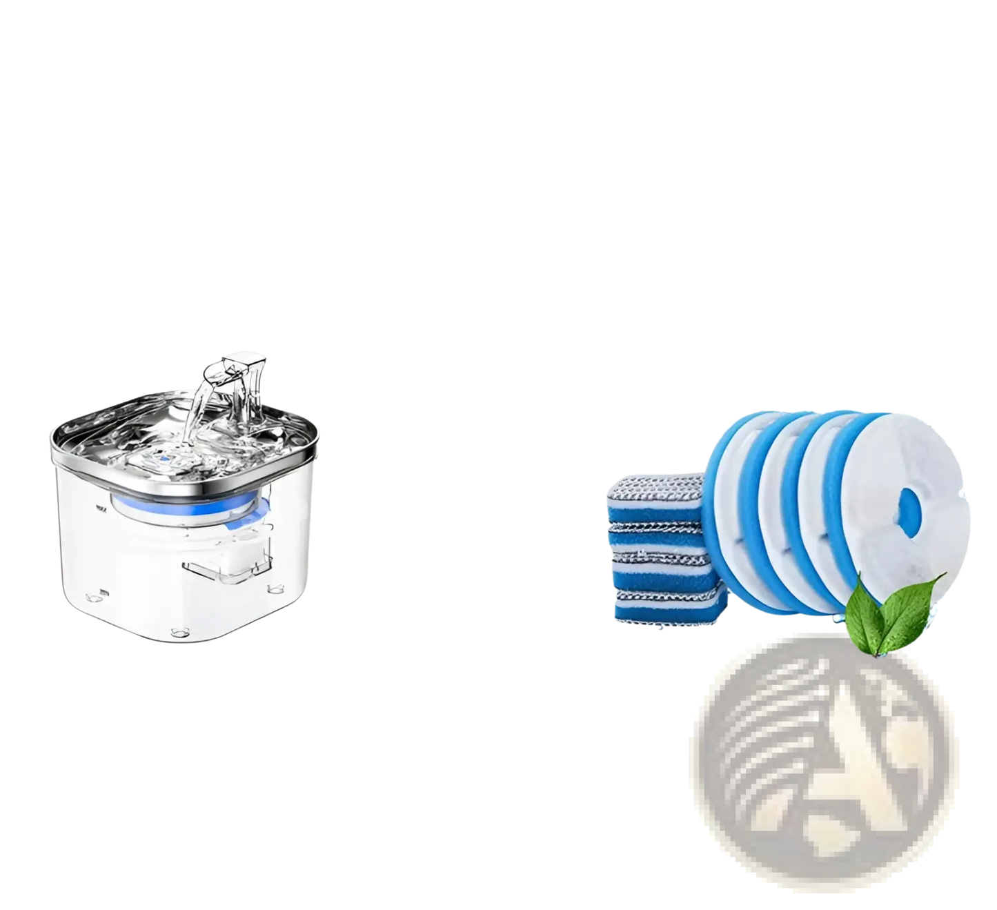 Compact pet water fountain with stainless top and blue replacement filter pad
