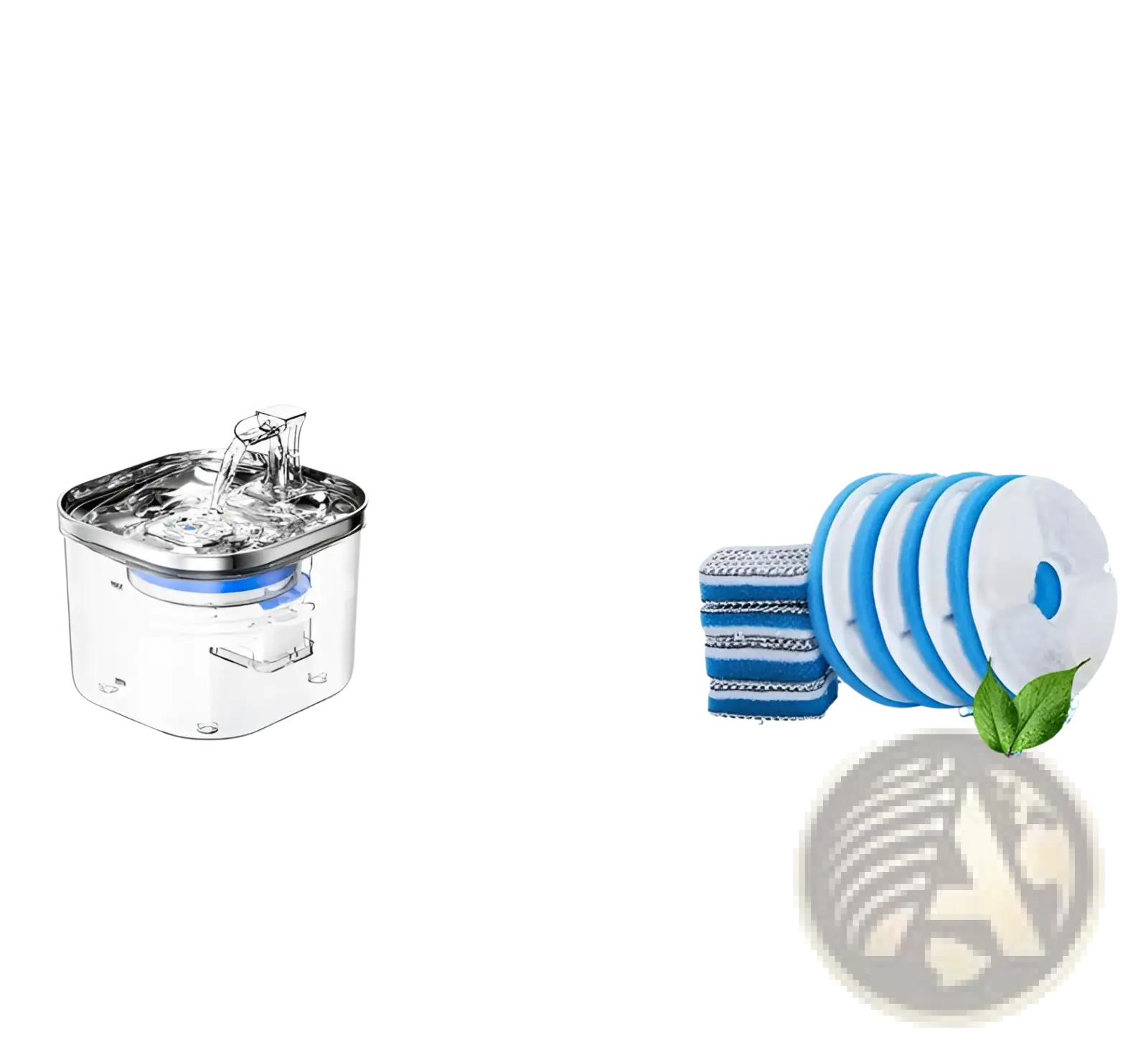 Compact pet water fountain with stainless top and blue replacement filter pad