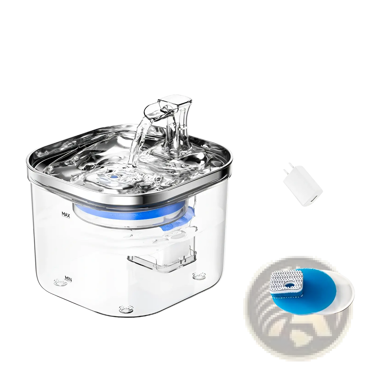 Pet water fountain with stainless reservoir, clear lid, and replacement filter pad
