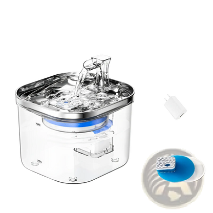 Pet water fountain with stainless reservoir, clear lid, and replacement filter pad